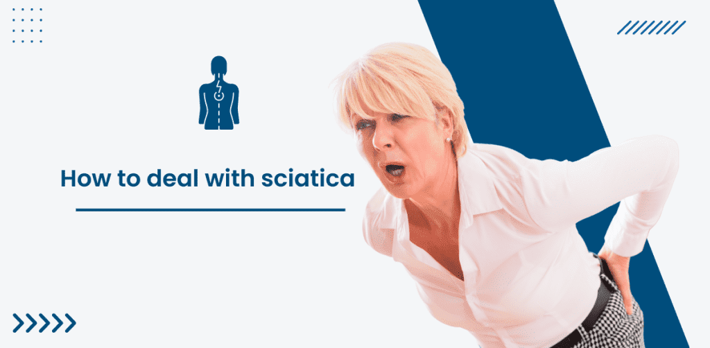 Woman demonstrating sciatica discomfort.