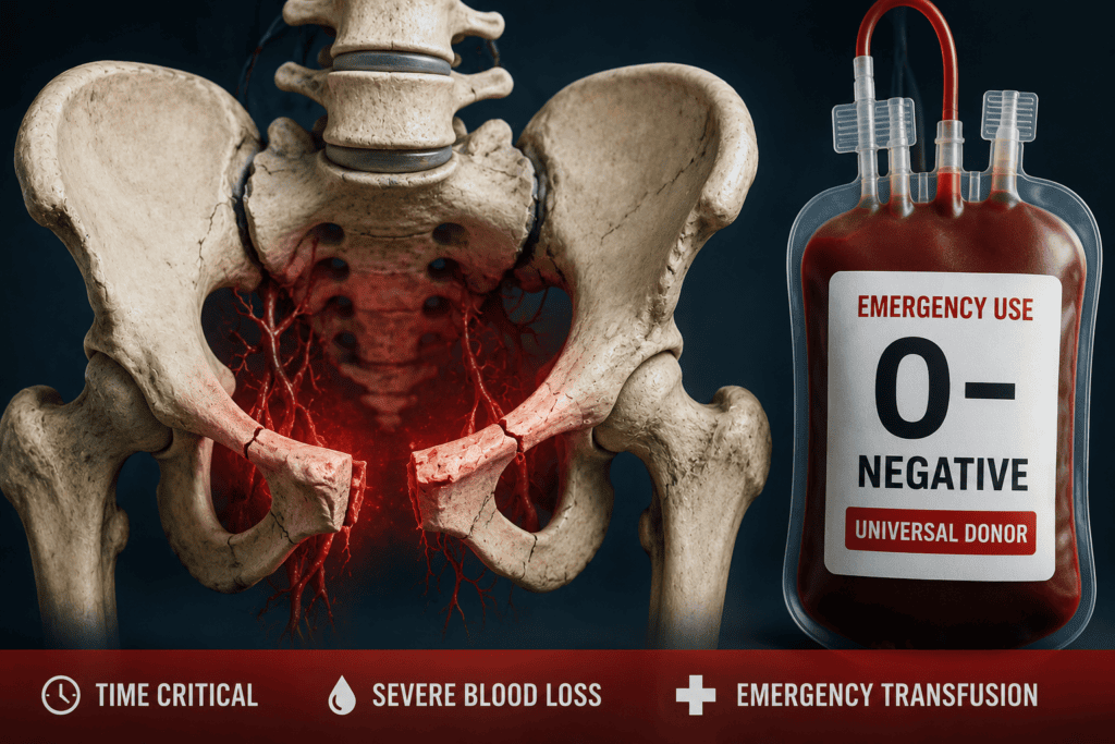 Dr. Sherief Elsayed explains why an open book pelvis fracture causes life-threatening bleeding, how O negative blood and pelvic binders save lives in Dubai.