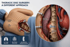 Dr. Sherief Elsayed explains why thoracic disc prolapse requires a lateral thoracotomy with single lung ventilation, navigating the cord and heart in Dubai.