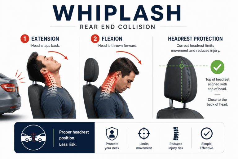 Dr. Sherief Elsayed explains how rear end collisions cause whiplash through neck extension and flexion, and why headrest positioning prevents injury in UAE.