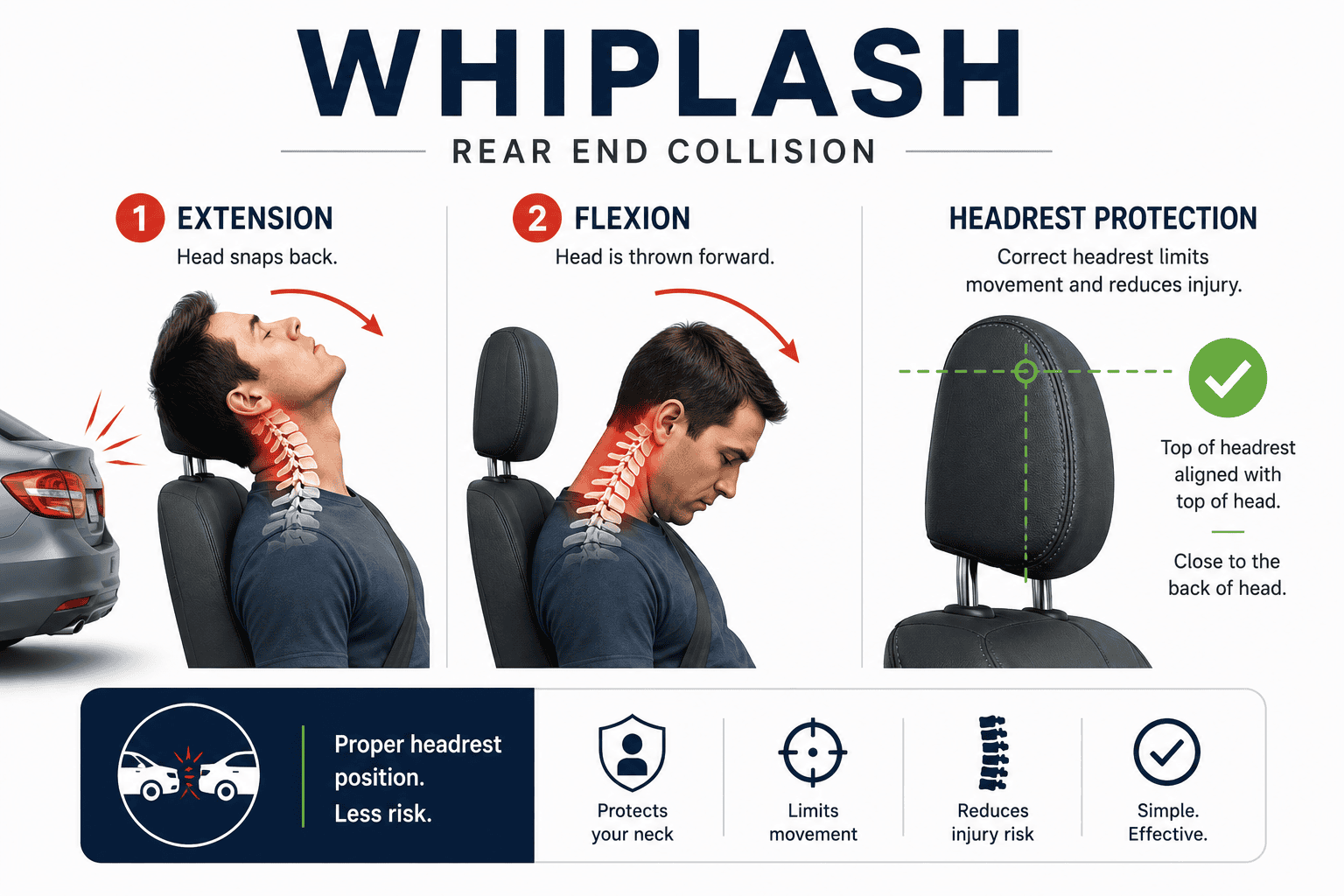 Dr. Sherief Elsayed explains how rear end collisions cause whiplash through neck extension and flexion, and why headrest positioning prevents injury in UAE.